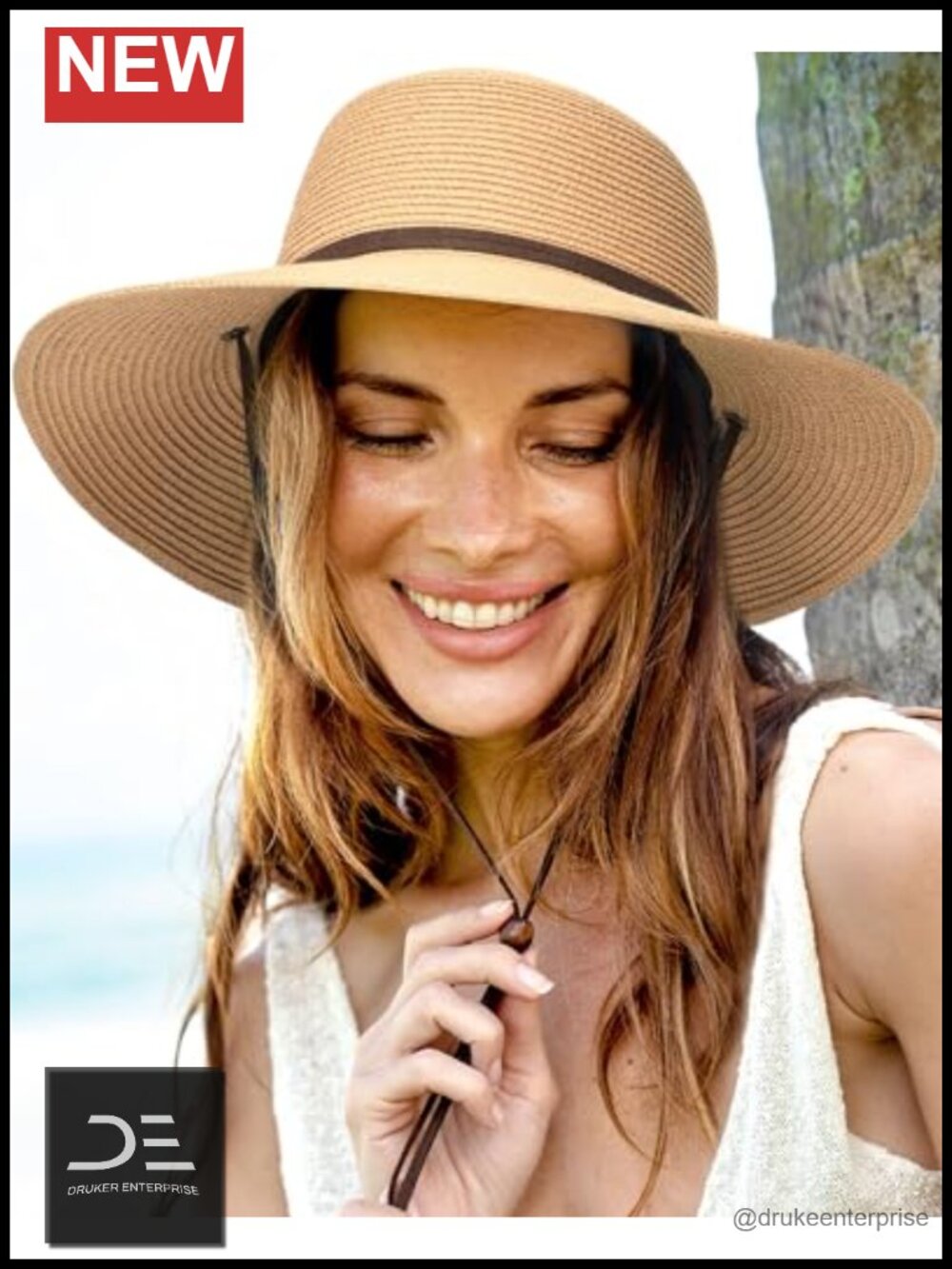 Wide Brim Straw Sun Hat with Adjustable Chin Strap - Picture 3 of 6